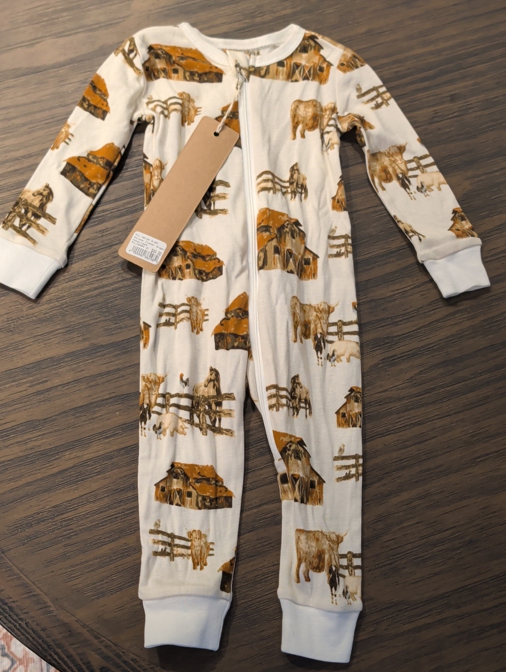 Milkbarn Cream One-Piece Pajamas with Brown Farm Print